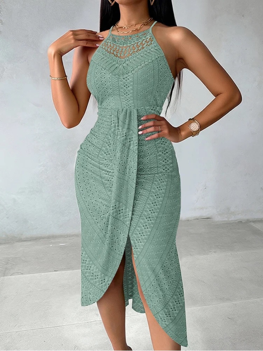 Halter Crochet Midi Dress in Sage Green